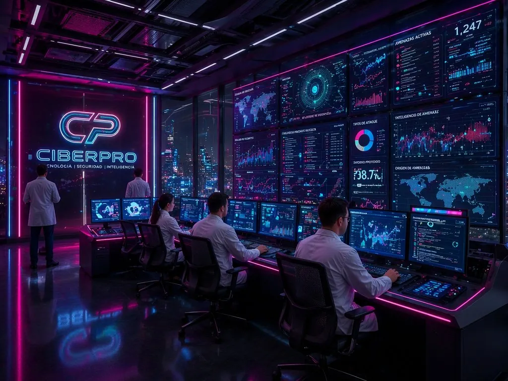 Sala de control de ciberseguridad de CIBERPRO con paneles de amenazas en tiempo real