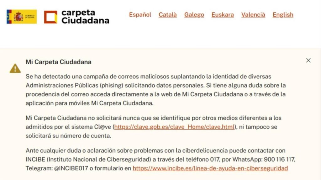 Alertan sobre una campaña de 'phishing' que suplanta 'Mi Carpeta Ciudadana' para robar datos bancarios